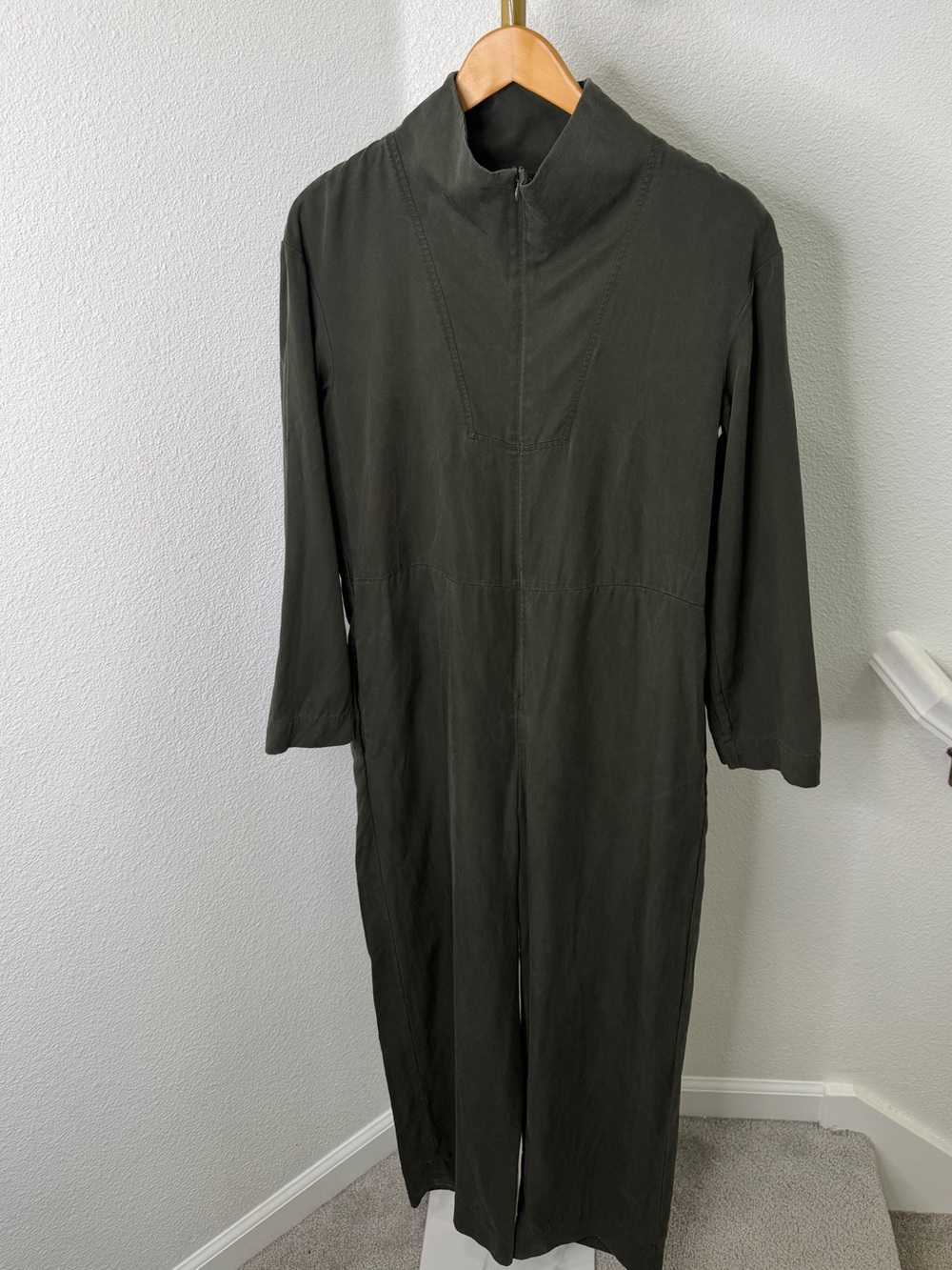 COS Lyocell Funnel Neck Front Zip Jumpsuit Olive Green Long Sleeve Utility 6